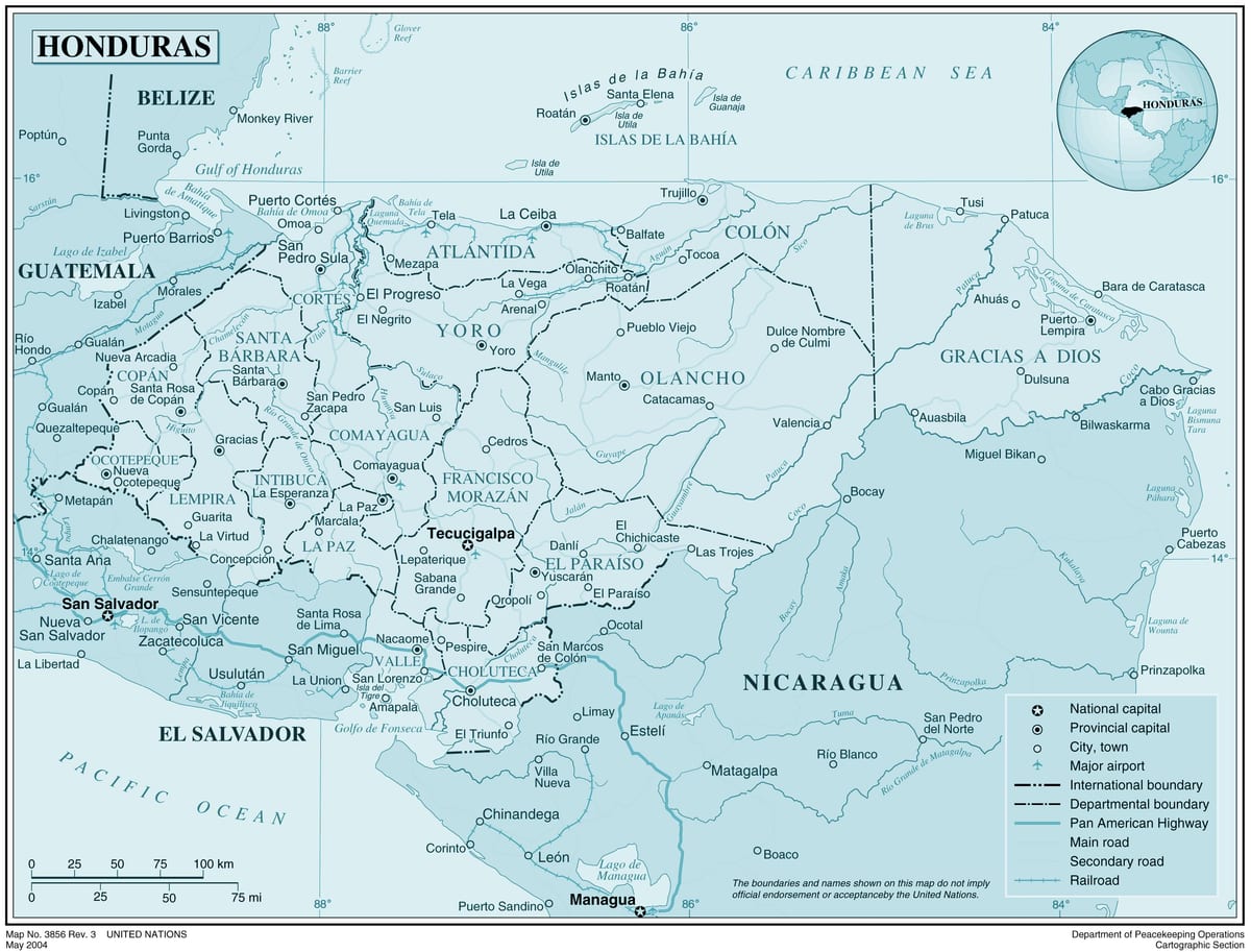 bản đồ của bản đồ vật lý của Honduras