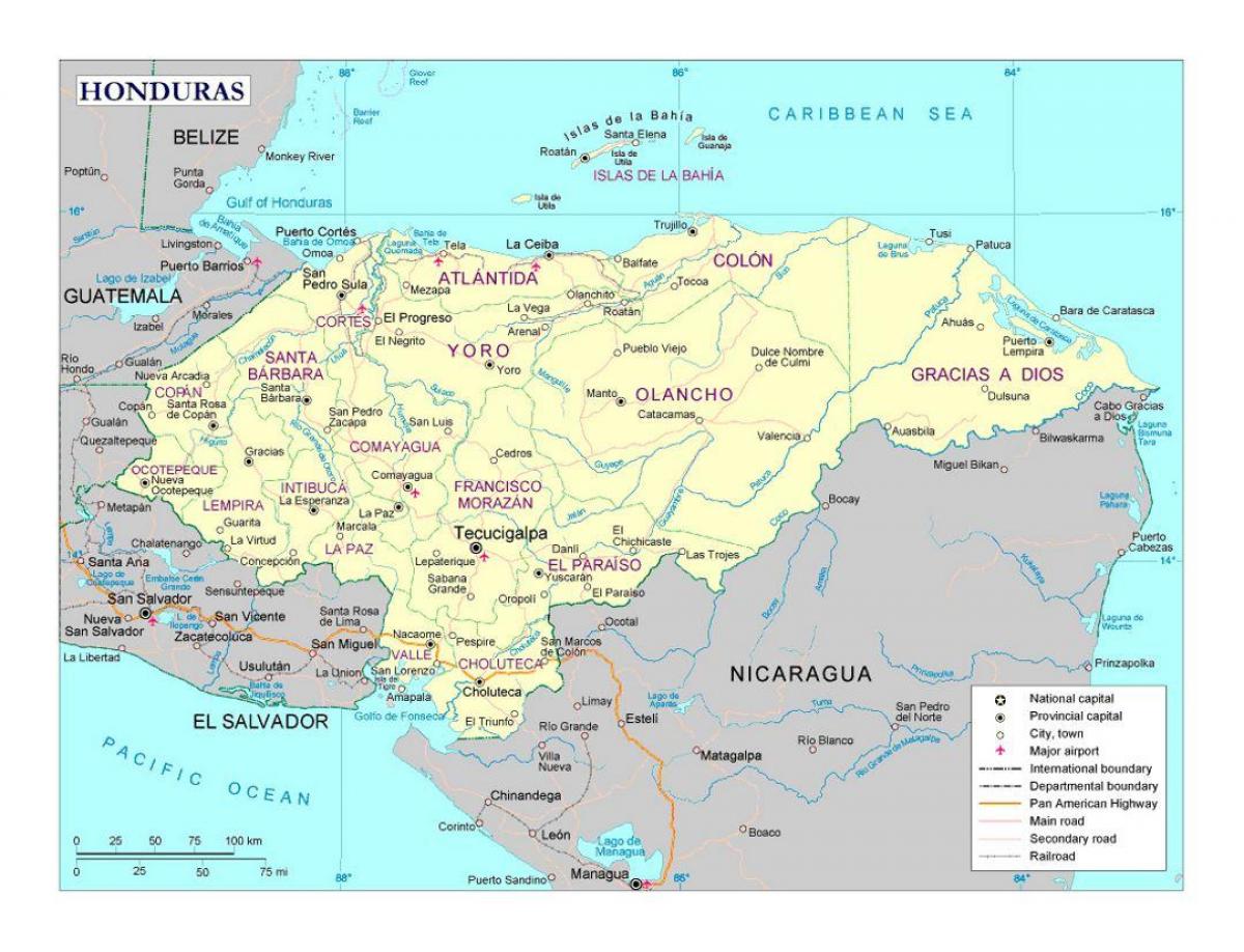 Honduras bản đồ với thành phố